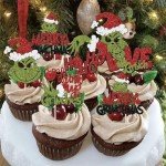 Rsstarxi 30 Pack Christmas Cupcake Toppers Glitter Drink Up Merry Grinchmas Cupcake Picks for Merry Christmas Baby Shower Kids Birthday Christmas Party Cake Decorations Supplies