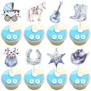 Rsstarxi 40 Pack It's A Cowboyl Cupcake Toppers Cowboy Baby Shower Decorations HorseShoe Cowboy Hats Cupcake Picks for Western Theme Birthday Cake Decorations Blue