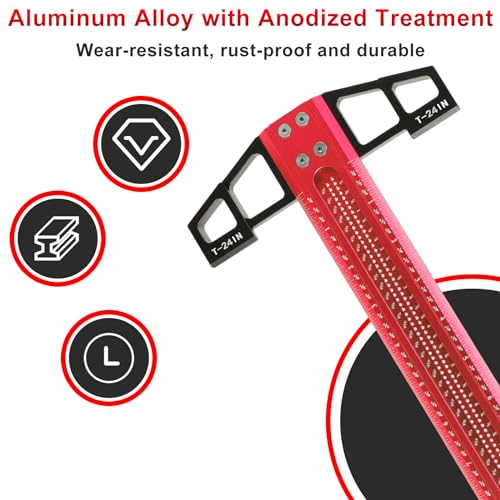 Aluminum T-Square Ruler 24 inch, Woodworking Scriber T-Square Ruler Measuring and Layout Tools for Woodworking, Architect Ruler for Carpenter Work, Imperial Positioning Scribing Graduated T-Square Rul