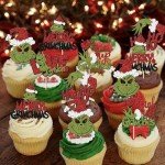 Rsstarxi 30 Pack Christmas Cupcake Toppers Glitter Drink Up Merry Grinchmas Cupcake Picks for Merry Christmas Baby Shower Kids Birthday Christmas Party Cake Decorations Supplies