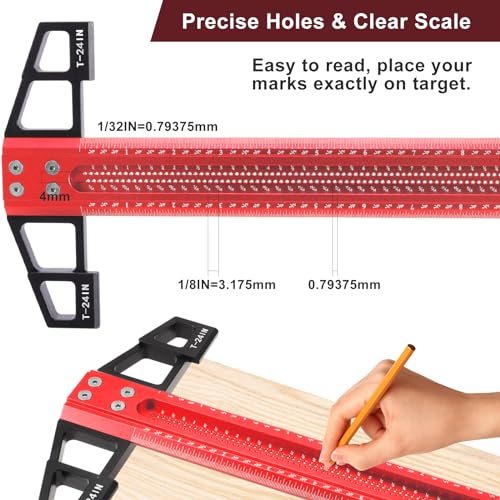 Aluminum T-Square Ruler 24 inch, Woodworking Scriber T-Square Ruler Measuring and Layout Tools for Woodworking, Architect Ruler for Carpenter Work, Imperial Positioning Scribing Graduated T-Square Rul