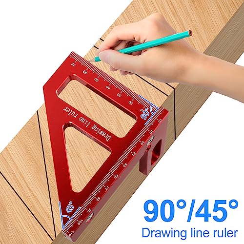 3D Multi-Angle Measuring Ruler, 45/90 Degree Woodworking Square Protractor Aluminum Alloy, Miter Triangle Ruler, Layout Measuring Tool for Engineer Carpenter High Precision (Red)