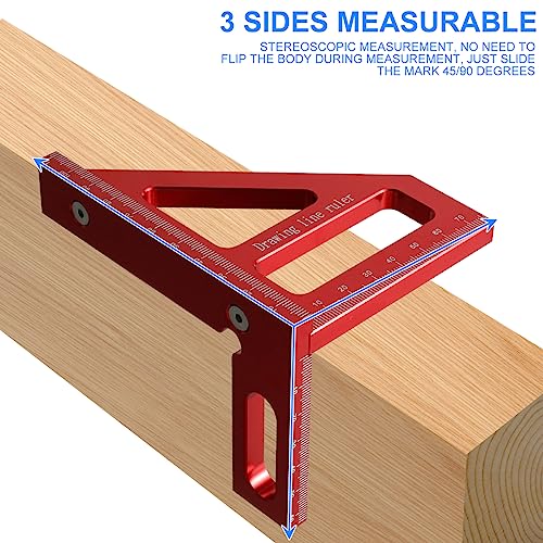 3D Multi-Angle Measuring Ruler, 45/90 Degree Woodworking Square Protractor Aluminum Alloy, Miter Triangle Ruler, Layout Measuring Tool for Engineer Carpenter High Precision (Red)