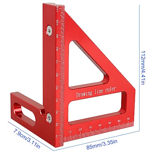 3D Multi-Angle Measuring Ruler, 45/90 Degree Woodworking Square Protractor Aluminum Alloy, Miter Triangle Ruler, Layout Measuring Tool for Engineer Carpenter High Precision (Red)