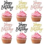 24 PCS Happy Birthday Cupcake Toppers Glitter Happy Birthday Cupcake Picks for Celebrating Happy Birthday Anniversary Theme Party Cake Decorations Supplies Gold Black Rose Gold