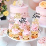 24 PCS Happy Birthday Cupcake Toppers Glitter Happy Birthday Cupcake Picks for Celebrating Happy Birthday Anniversary Theme Party Cake Decorations Supplies Gold Black Rose Gold