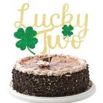 YUINYO Lucky Two Cake Topper, 2nd Birthday Cake Decor, Shamrock Twins Birthday Decorations,St. Patrick's Day Themed Baby Shower Birthday Party Decorations Gold Glitter
