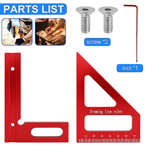 3D Multi-Angle Measuring Ruler, 45/90 Degree Woodworking Square Protractor Aluminum Alloy, Miter Triangle Ruler, Layout Measuring Tool for Engineer Carpenter High Precision (Red)