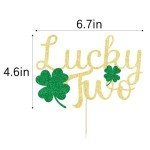 YUINYO Lucky Two Cake Topper, 2nd Birthday Cake Decor, Shamrock Twins Birthday Decorations,St. Patrick's Day Themed Baby Shower Birthday Party Decorations Gold Glitter