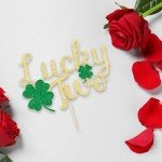 YUINYO Lucky Two Cake Topper, 2nd Birthday Cake Decor, Shamrock Twins Birthday Decorations,St. Patrick's Day Themed Baby Shower Birthday Party Decorations Gold Glitter