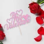 YUINYO Be My Valentine Cake Topper pink with Glitter Sweet Love Heart Valentine's Day Cake Picks Happy Valentine's Day Theme Wedding Bridal Shower Birthday Party Cake Decorations Supplies