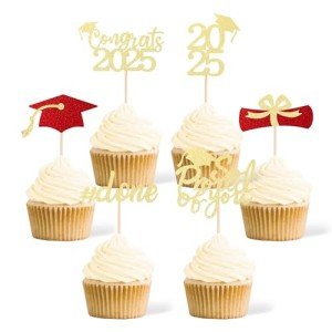 36 pcs Class of 2025 Graduation Cupcake Toppers, Gold & Red Glitter Double-Sided Grad Cap Cake Toppers for Graduation Party Supplies, 2025 Graduate Party Cake Picks Graduation Decorations