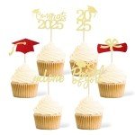 36 pcs Class of 2025 Graduation Cupcake Toppers, Gold & Red Glitter Double-Sided Grad Cap Cake Toppers for Graduation Party Supplies, 2025 Graduate Party Cake Picks Graduation Decorations