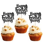 24 Pack Happy Friends Giving Cupcake Toppers Glitter Happy Thanksgiving Cupcake Picks Thank you Cupcake Decorations Fall Maple Leave Wedding Anniversary Birthday Party Cake Decorations Black