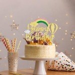 1 Pack Happy Birthday Cake Topper Tropical Hawaiian Luau Cake Pick Glitter Flamingo Flower Plam Leave Pineapple Cake Decoration for Summer Baby Shower Birthday Party Supplies (Rainbow HP)