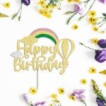 1 Pack Happy Birthday Cake Topper Tropical Hawaiian Luau Cake Pick Glitter Flamingo Flower Plam Leave Pineapple Cake Decoration for Summer Baby Shower Birthday Party Supplies (Rainbow HP)