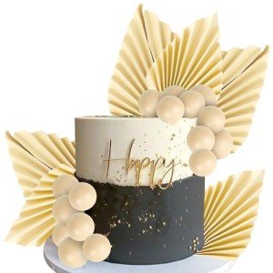 28 Pack Balls Cake Toppers, Palm Leaves Cake Decorations, Foam Balls Paper Palm Leaf DIY Cake Insert Toppers Decorations for Birthday Wedding Baby Shower Party Decorations Khaki
