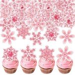 Ercadio 40 Pcs Edible Snowflake Cupcake Toppers Pink Snowflake Cake Picks Winter Snowflakes Merry Christmas Baby Shower Decorations Snowflake Theme Baby Shower Kids Birthday Party Supplies