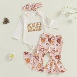 Aunties Bestie Baby Clothes Girl Baby Girl Aunt Saying Letter Romper Shirt Floral Flare Pants Headband 3Pcs Outfit (Z Beige, 12-18 Months)
