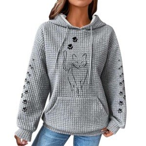 Clearance Items 2024 Waffle Knit Hoodies for Women Cute Cat Graphic Long Sleeve Drawstring Sweatshirts Fall Winter Fashion Oversized Pullover Tops with Pocket Plus Size Blouse Shirts