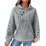Clearance Items 2024 Waffle Knit Hoodies for Women Cute Cat Graphic Long Sleeve Drawstring Sweatshirts Fall Winter Fashion Oversized Pullover Tops with Pocket Plus Size Blouse Shirts