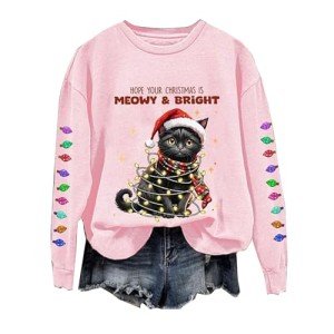 Christmas Sweatshirt for Womens Casual Cat Meowy Catmas Graphic Crewneck Pullover Sweater Long Sleeve Trendy Shirts