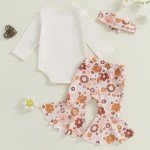 Aunties Bestie Baby Clothes Girl Baby Girl Aunt Saying Letter Romper Shirt Floral Flare Pants Headband 3Pcs Outfit (Z Beige, 12-18 Months)