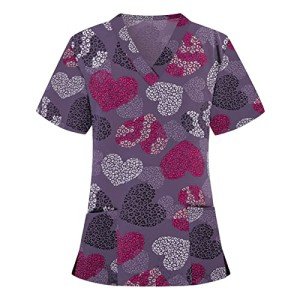 Print Scrubs for Women Nurse Vet Pediatric with Design Stretchy Comfy Cozy Fit Plus Size Scrub Tops Shirts