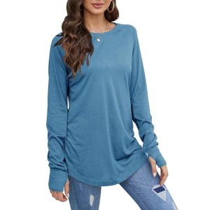 ZWSPTO Women's 2025 Spring Fashion Long Sleeve Tops O-Neck Basic Solid Color T-Shirts Blouse Tunic Tops with Thumb Holes