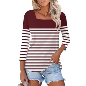 3/4 Sleeve White Blouses Ladies Tunic Tops 3/4 Sleeve Workout Tshirts Shirts Elbow Length Tops Basic T Shirts 1/2 Sleeve Tops for Women Square Neck Blouse Red Striped Shirt Sleeveless Tunic