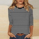 Yellow 3/4 Sleeve Tops for Women 3/4 Sleeve Tshirts Shirts for Women,Cute Tops Striped Sweatshirt Women Elbow Length Tops Basic Tshirts Shirts for Women Women Workout Tops Womens Casual