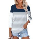 Womens 3/4 Sleeve Tops Casual Cotton Three Quarter Sleeve Tops Women Striped Shirt Basic Tees for Women Cute White Tops Womens Elbow Sleeve Tops Work Blouses Workout Top Women
