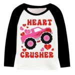 Valentines Day T-Shirt for Toddler Boys Girl Kids Monster Truck Heart Crusher Shirt Raglan Long Sleeve Cute Clothes Crew Neck Cotton Tee Tops Size 8 Years