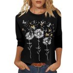 Cotton Tops for Women 3/4 Sleeve Crewneck Floral Print Shirts for Women Dressy Casual Casual Womens Tunic Blouse T Black X-Large