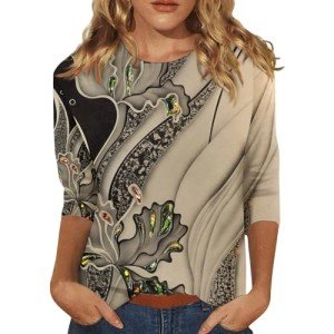 LPIGOH Womens 3/4 Sleeve Tops Dressy Casual Crew Neck Tops 2025 Spring Fashion Fitted Boho Printed Plus Size Basic Tee Tunic Tops Blouse (Coffee,L)