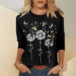 Cotton Tops for Women 3/4 Sleeve Crewneck Floral Print Shirts for Women Dressy Casual Casual Womens Tunic Blouse T Black X-Large