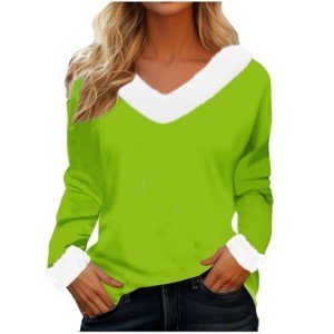 Christmas Shirts for Women Casual Xmas Printed Sweatshirts Cute V Neck Tees Faux Fur Trim Holiday Blouse 2024