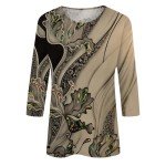 LPIGOH Womens 3/4 Sleeve Tops Dressy Casual Crew Neck Tops 2025 Spring Fashion Fitted Boho Printed Plus Size Basic Tee Tunic Tops Blouse (Coffee,L)