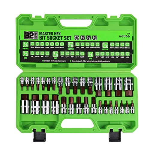 32pc Hex Bit Socket Set, SAE/Metric, 1/4-1/2'' Drive, Steel