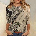 LPIGOH Womens 3/4 Sleeve Tops Dressy Casual Crew Neck Tops 2025 Spring Fashion Fitted Boho Printed Plus Size Basic Tee Tunic Tops Blouse (Coffee,L)
