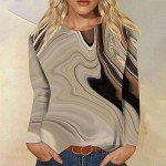 LPIGOH Womens Long Sleeve Tops Dressy Casual Crew Neck Tops 2025 Spring Fashion Fitted Boho Printed Plus Size Basic Tee Tunic Tops Blouse (Light Brown,XL)