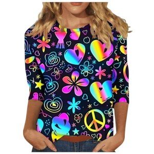 Love and Peace T-Shirt for Women Fashion Tie Dye Floral Print 3/4 Length Sleeve Tops Casual Loose Fit Crew Neck Blouse Tee