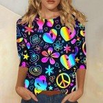 Love and Peace T-Shirt for Women Fashion Tie Dye Floral Print 3/4 Length Sleeve Tops Casual Loose Fit Crew Neck Blouse Tee