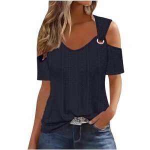 Sexy Clod Sholuder Tops for Women 2025 Summer Hollow Out Eyelet Short Sleeve T Shirts Going Out Blouses Ladies Tunic Navy