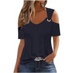 Sexy Clod Sholuder Tops for Women 2025 Summer Hollow Out Eyelet Short Sleeve T Shirts Going Out Blouses Ladies Tunic Navy