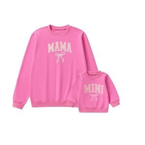 Covvoliy Mommy and Me Letter Print Matching Family Outfits Long Sleeve Crewneck Casual Sweatshirt T-Shirt (Baby, 0-6 Months, Bow Rosy Red)