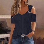 Sexy Clod Sholuder Tops for Women 2025 Summer Hollow Out Eyelet Short Sleeve T Shirts Going Out Blouses Ladies Tunic Navy