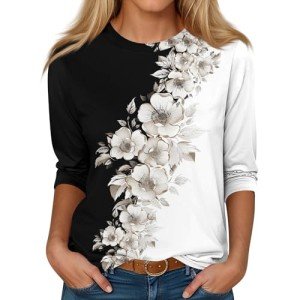 Lightwight Top, Winter Birthday Three Quarter Sleeve T Shirts for Women Oversized Round Neck Lightweight Blouse Print Frilly Fit Plus Size T Shirt for Women Brown