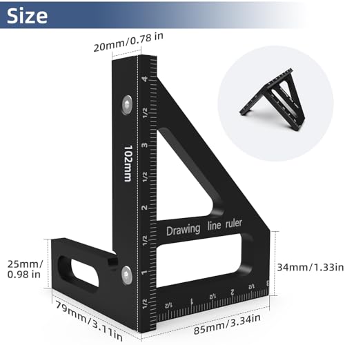 HFM 3D Multi-Angle Woodworking Square Measuring Ruler,45/90 Degree Aluminum Alloy Measuring Protractor High Precision Layout Measuring Tool for Engineer Carpenter-Black