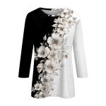 Lightwight Top, Winter Birthday Three Quarter Sleeve T Shirts for Women Oversized Round Neck Lightweight Blouse Print Frilly Fit Plus Size T Shirt for Women Brown